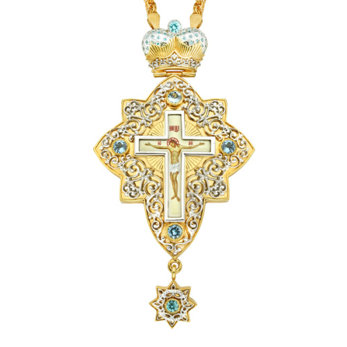 Крест наперсный серебряный с цепью, позолота, зеленые фианиты, высота 12 см фото 2 Крест наперсный серебряный с цепью, позолота, зеленые фианиты, высота 12 см фото 2