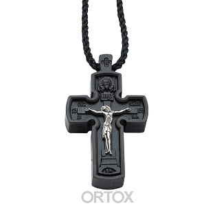 Нательный крест деревянный с серебряным распятием №1 (с гайтаном)