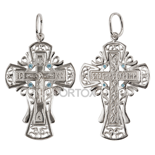 Нательный крестик серебряный №58 с фианитом, литье