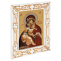 Икона Божией Матери "Владимирская", в узкой резной раме, белая с золотом (патина), холст с золочением, ширина рамы 7 см