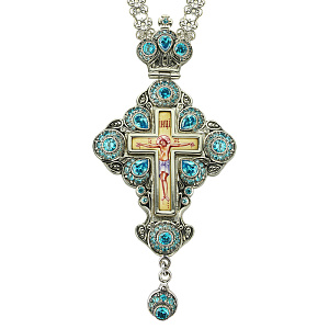 Крест наперсный серебряный, голубые фианиты, высота 13 см (чернение)