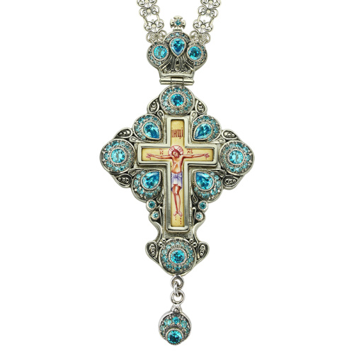 Крест наперсный серебряный, голубые фианиты, высота 13 см
