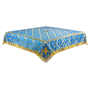 Пелена на престол с вышитыми херувимами, шелк "Николаевский", голубая с золотом, 160х160 см ((ДхШ) 160х160 см, средник 120х120 см)