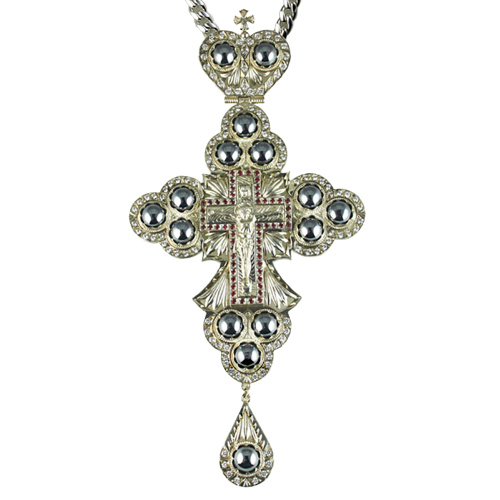 Крест наперсный серебряный, с цепью, гематиты, высота 18 см
