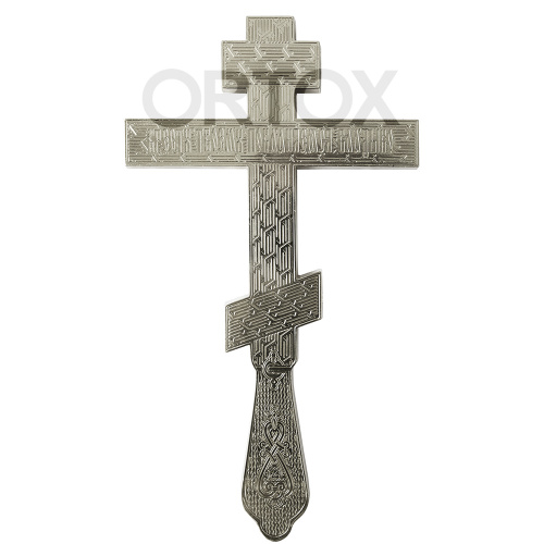 Крест напрестольный латунный, 14х26 см, зеленая эмаль, красные камни фото 2