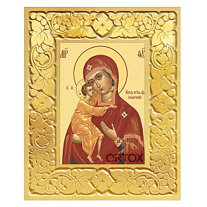 Икона Божией Матери "Феодоровская" в резной позолоченной рамке, поталь, ширина рамки 12 см (29,7x42 см (А3))