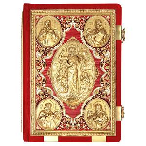 Евангелие напрестольное красное, оклад "под золото", бархат, эмаль, 24х31 см (церковно-славянский язык)