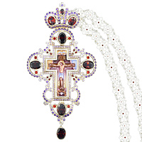 Крест наперсный серебряный, с цепью, сиреневые и красные фианиты