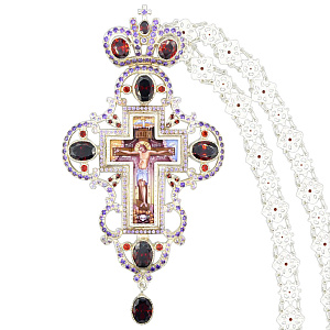Крест наперсный серебряный, с цепью, сиреневые и красные фианиты (вес 255 г)