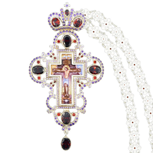 Крест наперсный серебряный, с цепью, сиреневые и красные фианиты