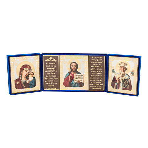 Складень с ликами Спасителя, Божией Матери "Казанская" и святителя Николая Чудотворца, 28х16,5 см, бархат фото 3 Складень с ликами Спасителя, Божией Матери "Казанская" и святителя Николая Чудотворца, 28х16,5 см, бархат фото 3