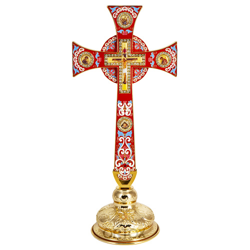 Крест требный четырехконечный, красная эмаль, камни, 17х29 см фото 6