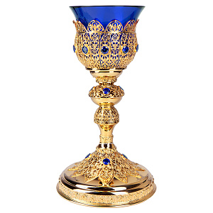Лампада напрестольная из ювелирного сплава в позолоте с камнями, 14,5х24 см (синий стаканчик)