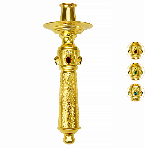 Подсвечник иерейский из ювелирного сплава в позолоте с травлением и фианитами, длина 20 см