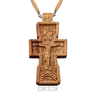 Крест наперсный "Наградной" деревянный резной, с цепью, 7х11 см (защитный лак)