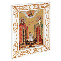 Икона благоверных князей Петра и Февронии Муромских, в узкой резной раме, белая с золотом (патина), холст с золочением, ширина рамы 7 см