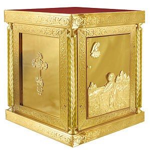 Жертвенник "Золотые своды" с иконой "Моление о чаше" чеканка, литье, высота 100 см (90х90х100 см красная ткань, литье)