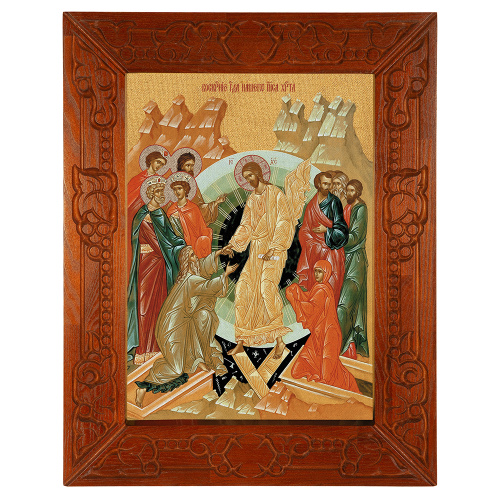 Икона Воскресения Христова, в узкой резной раме, цвет "кипарис", холст с золочением, ширина рамы 7 см фото 2 Икона Воскресения Христова, в узкой резной раме, цвет "кипарис", холст с золочением, ширина рамы 7 см фото 2