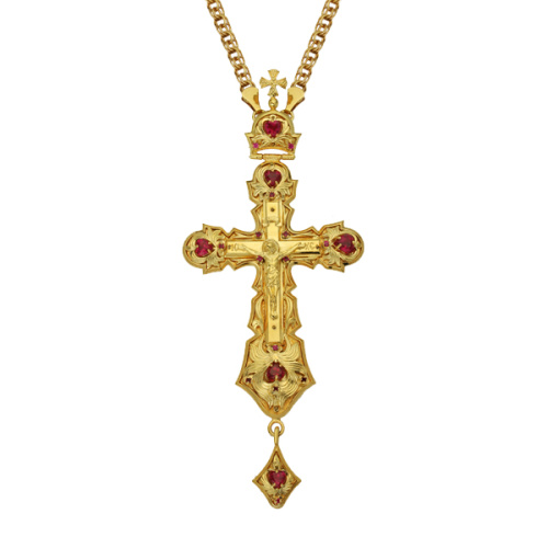 Крест наперсный "Наградной" латунный в позолоте с цепью, фианиты, 6,5х15 см