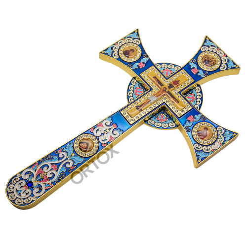 Крест требный латунный четырехконечный, синяя эмаль, камни, 17х29 см фото 3