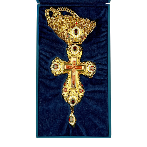 Крест наперсный из ювелирного сплава в позолоте, цветная печать, фианиты, 7х16 см фото 5