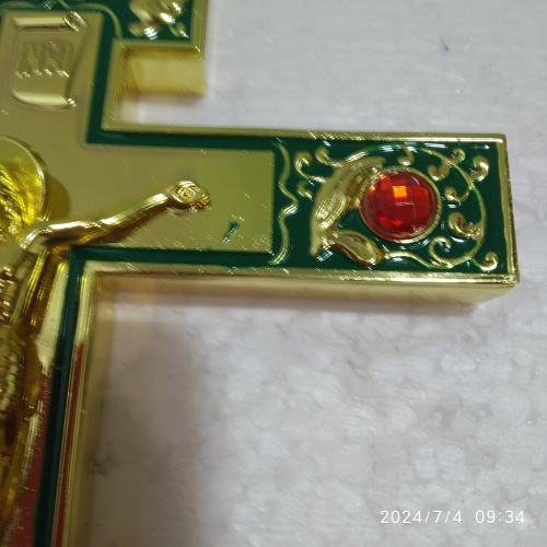 Крест напрестольный / требный, зеленая эмаль, красные камни, 14х26 см, №2, У 55-0021 фото 3