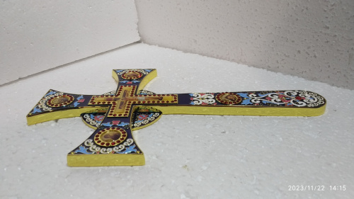 Крест требный четырехконечный, синяя эмаль, камни, 17х29 см, У-0924 фото 4