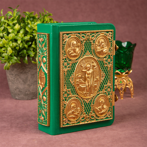 Евангелие требное малое зеленое, оклад "под золото", кожа, эмаль, 12х16 см фото 5