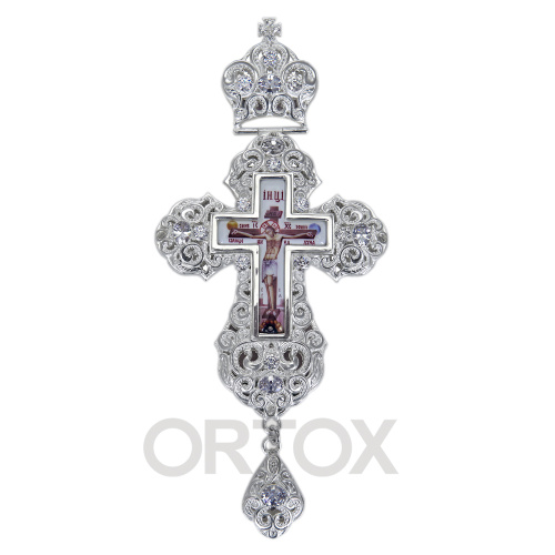 Крест наперсный латунный, серебрение, фианиты, высота 14 см фото 2
