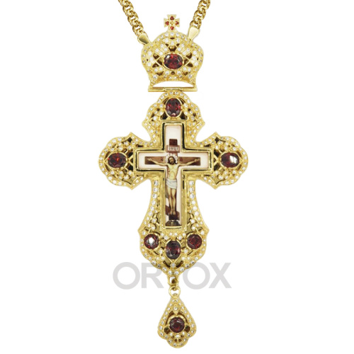 Крест наперсный латунный с цепью, позолота, фианиты, 8х17,5 см фото 3