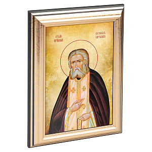 Икона преподобного Серафима Саровского в пластиковой рамке, черная с золотом, 13х1,5х18 см (стекло, картон)