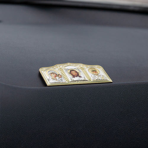 Икона в машину, триптих греческий из металла на деревянной основе, №6, 9,5х4,5 см фото 3