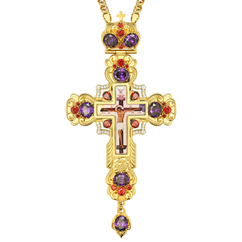 Крест наперсный из ювелирного сплава в позолоте с цепью, фианиты, 8,5х17 см фото 5