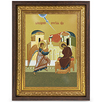 Икона Благовещения Пресвятой Богородицы, в широком багете, цвет "темный дуб", на холсте, с золочение