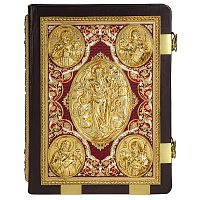 Евангелие напрестольное коричневое, оклад "под золото", кожа, эмаль, 24х31 см