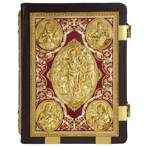 Евангелие напрестольное коричневое, оклад "под золото", кожа, 24х31 см
