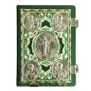 Евангелие напрестольное зелёное, оклад "под серебро", кожа, эмаль, 24х31 см (никелирование											)