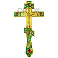 Крест напрестольный латунный, 14х26 см, зеленая эмаль, красные камни