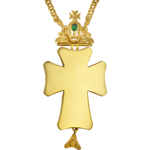 Крест наперсный латунный в позолоте с цепью, жемчуг, зеленые камни фото 3