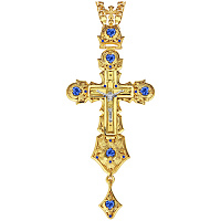 Крест наперсный латунный, позолота, серебрение, синие камни, 6,5х15 см