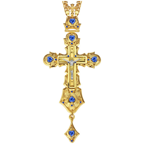 Крест наперсный позолота, серебрение, синие камни, 6,5х15 см