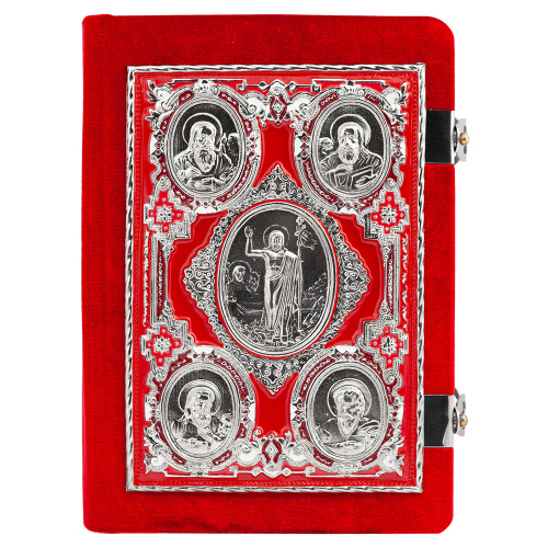 Евангелие требное среднее красное, оклад "под серебро", бархат, эмаль, 17х22 см