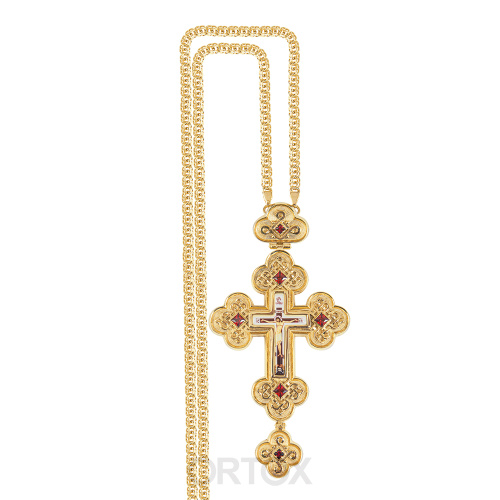 Крест наперсный латунный в позолоте с цепью, фианиты, 7,5х14,5 см фото 3