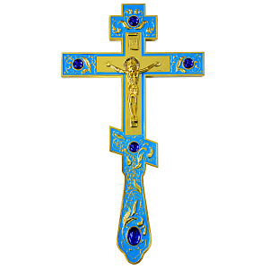 Крест напрестольный, голубая эмаль, синие камни, 14,5х26 см (с полировкой)