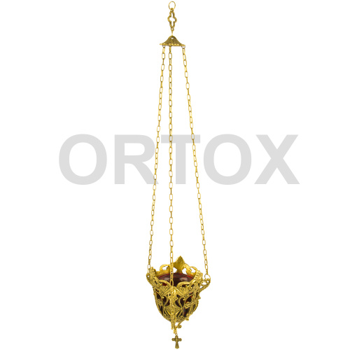 Лампада подвесная узорная, под золото, со стаканчиком из цветного стекла фото 2