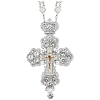 Крест наперсный латунный с принтом, серебрение, белые фианиты, высота 15 см