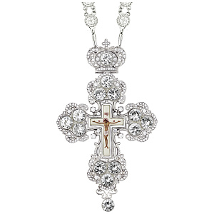 Крест наперсный латунный с принтом, серебрение, белые фианиты, высота 15 см (вес 222,07 г)