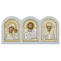 Икона-триптих греческая с ликами Спасителя, Божией Матери и свт. Николая Чудотворца, на белой деревянной основе, металлический оклад, 23х11,5 см