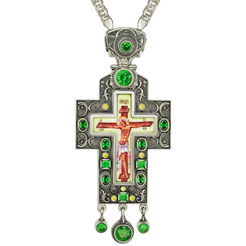 Крест наперсный серебряный, с украшениями, фианиты, высота 14 см