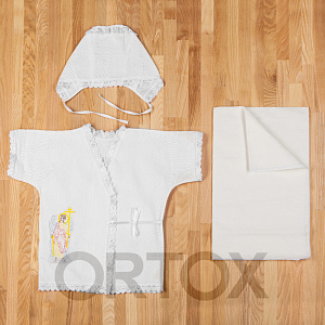 Крестильный набор, вышивка с ангелом, размер 56-62 см (с белым кружевом)